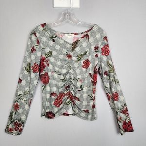 Takara Crop Top - Red Flowers  Scrunch Midline - Sz Medium